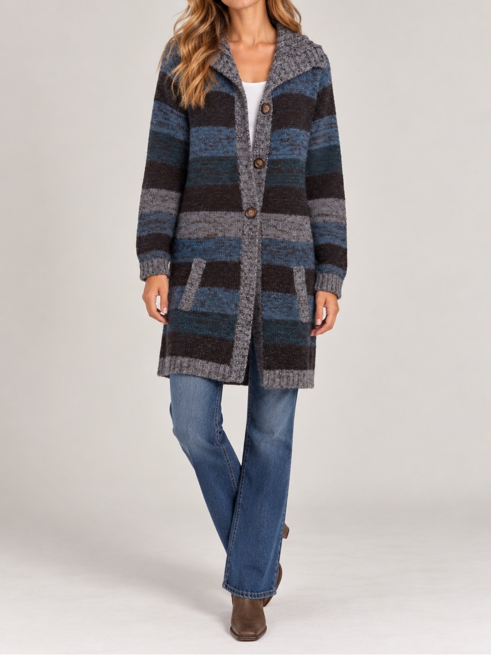 90s Studio Striped Chunky Knit Long Duster Cardigan Sweater Coat Button Front XL
